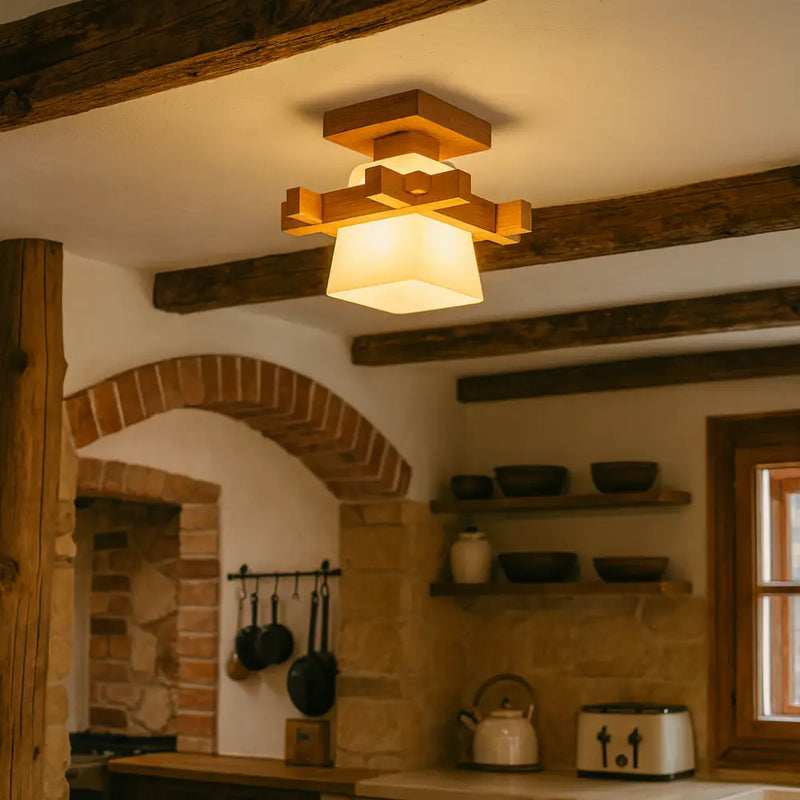 Plafonnier Verre et Bois - Beige - plafonnier